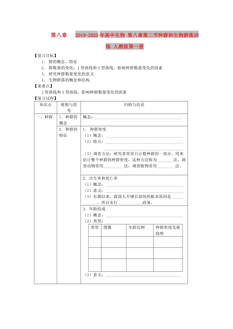 2019-2020年高中生物 第八章第二节种群和生物群落训练 人教版第一册.doc_第1页