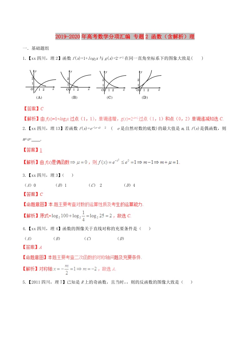 2019-2020年高考数学分项汇编 专题2 函数（含解析）理.doc_第1页