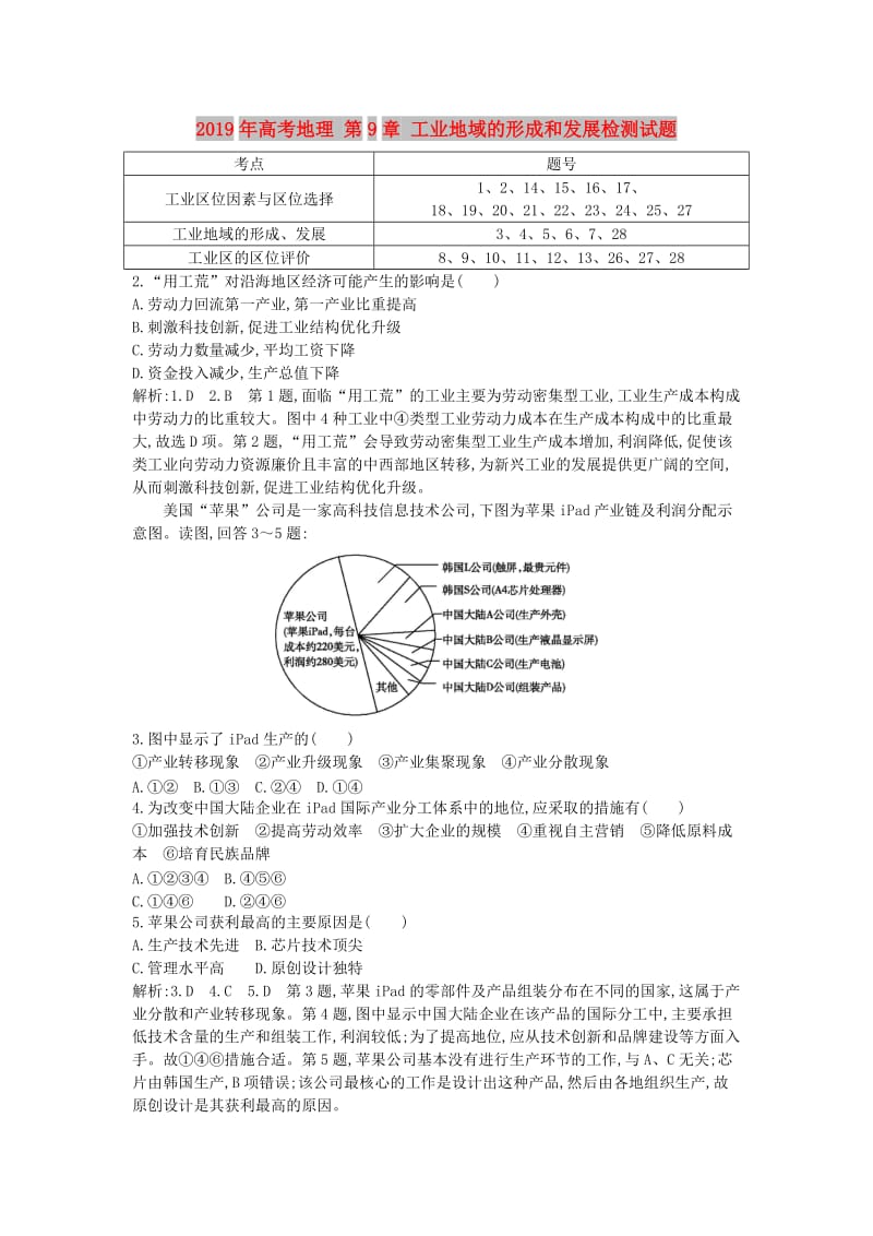 2019年高考地理 第9章 工业地域的形成和发展检测试题.doc_第1页