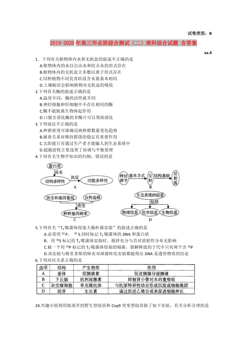 2019-2020年高三毕业班综合测试（二）理科综合试题 含答案.doc_第1页