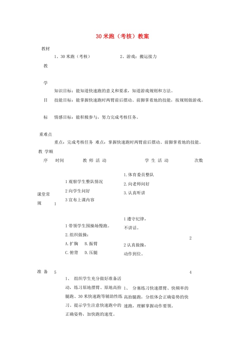 一年级体育下册 30米跑（考核）教案.doc_第1页