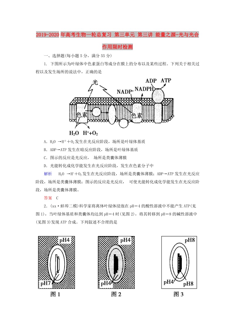 2019-2020年高考生物一轮总复习 第三单元 第三讲 能量之源-光与光合作用限时检测.doc_第1页