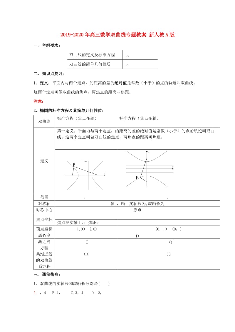 2019-2020年高三数学双曲线专题教案 新人教A版.doc_第1页