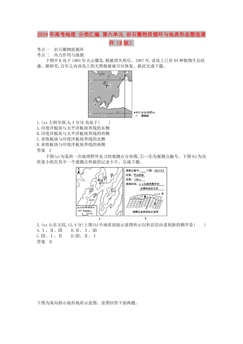 2019年高考地理 分类汇编 第六单元 岩石圈物质循环与地表形态塑造课件（B版）.doc_第1页