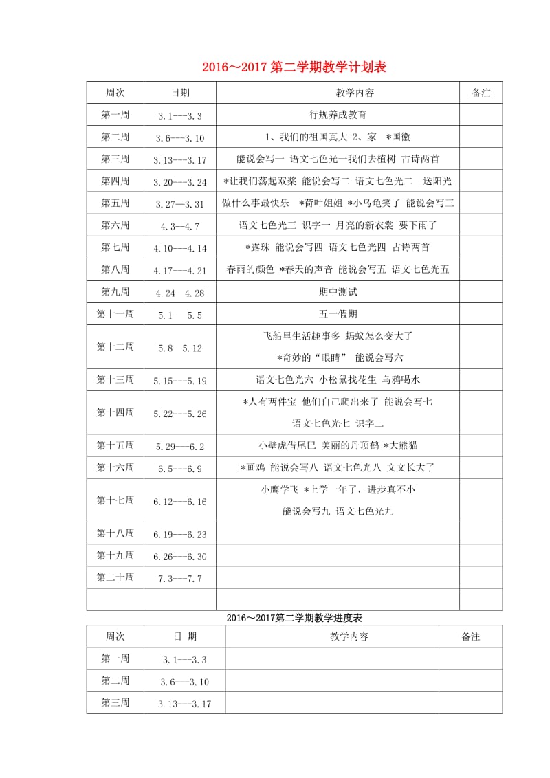 2019春一年级语文下册 教学计划及进度表 教科版.doc_第1页