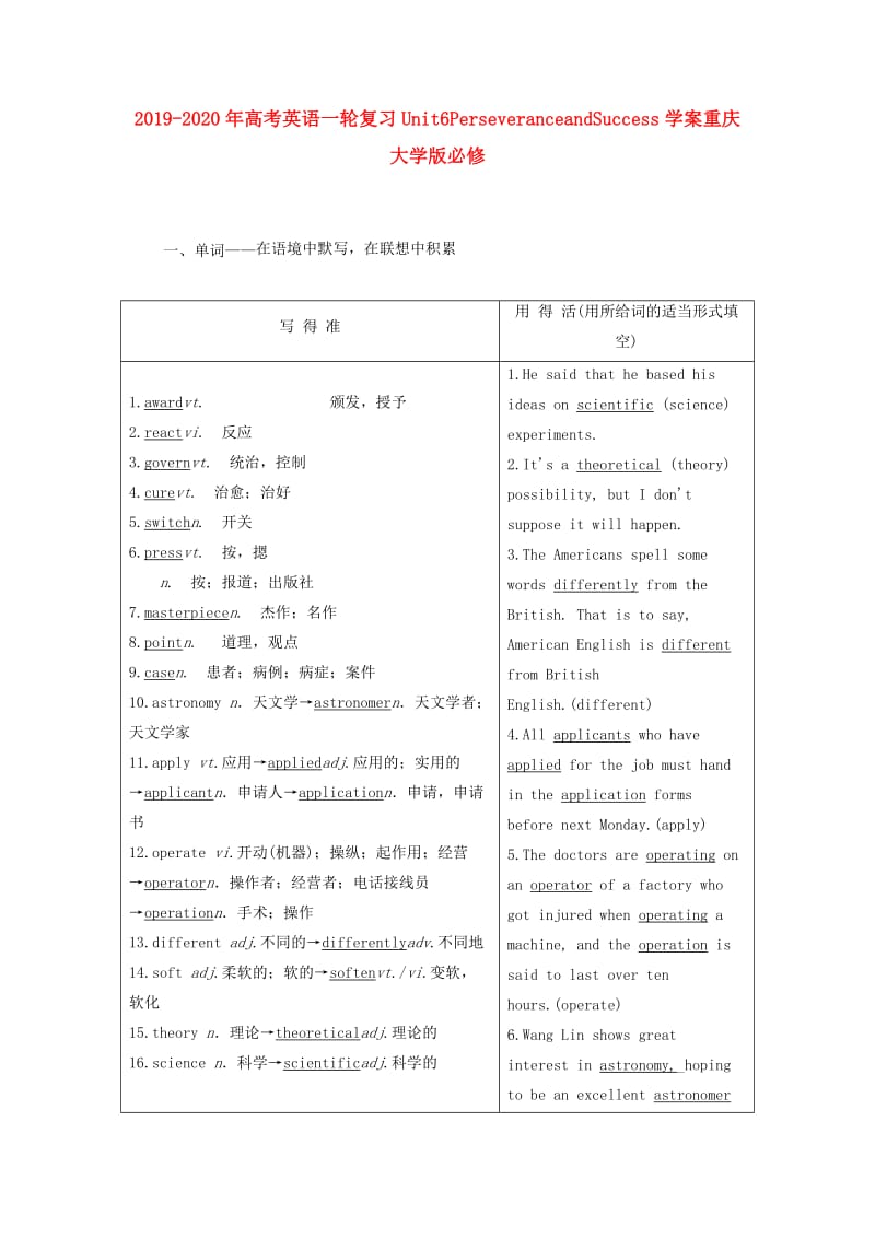 2019-2020年高考英语一轮复习Unit6PerseveranceandSuccess学案重庆大学版必修.doc_第1页