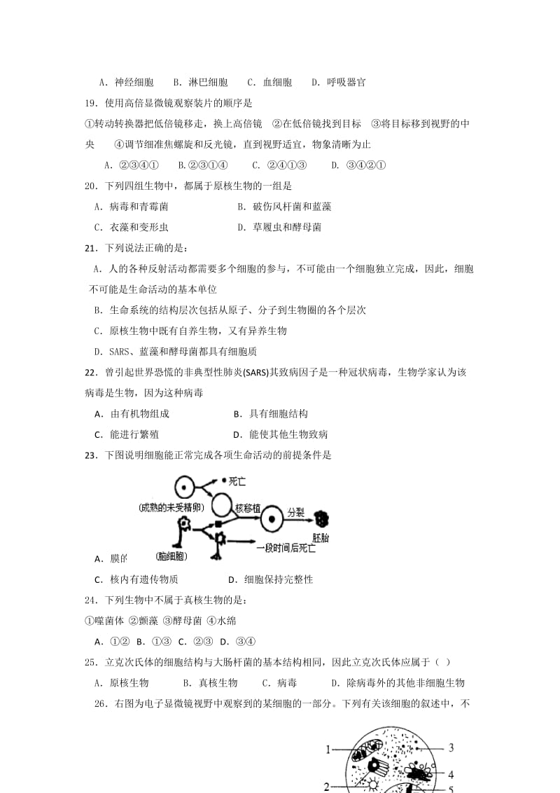 2019-2020年高中生物 第一章 走进细胞 单元测试 新人教版必修1.doc_第3页