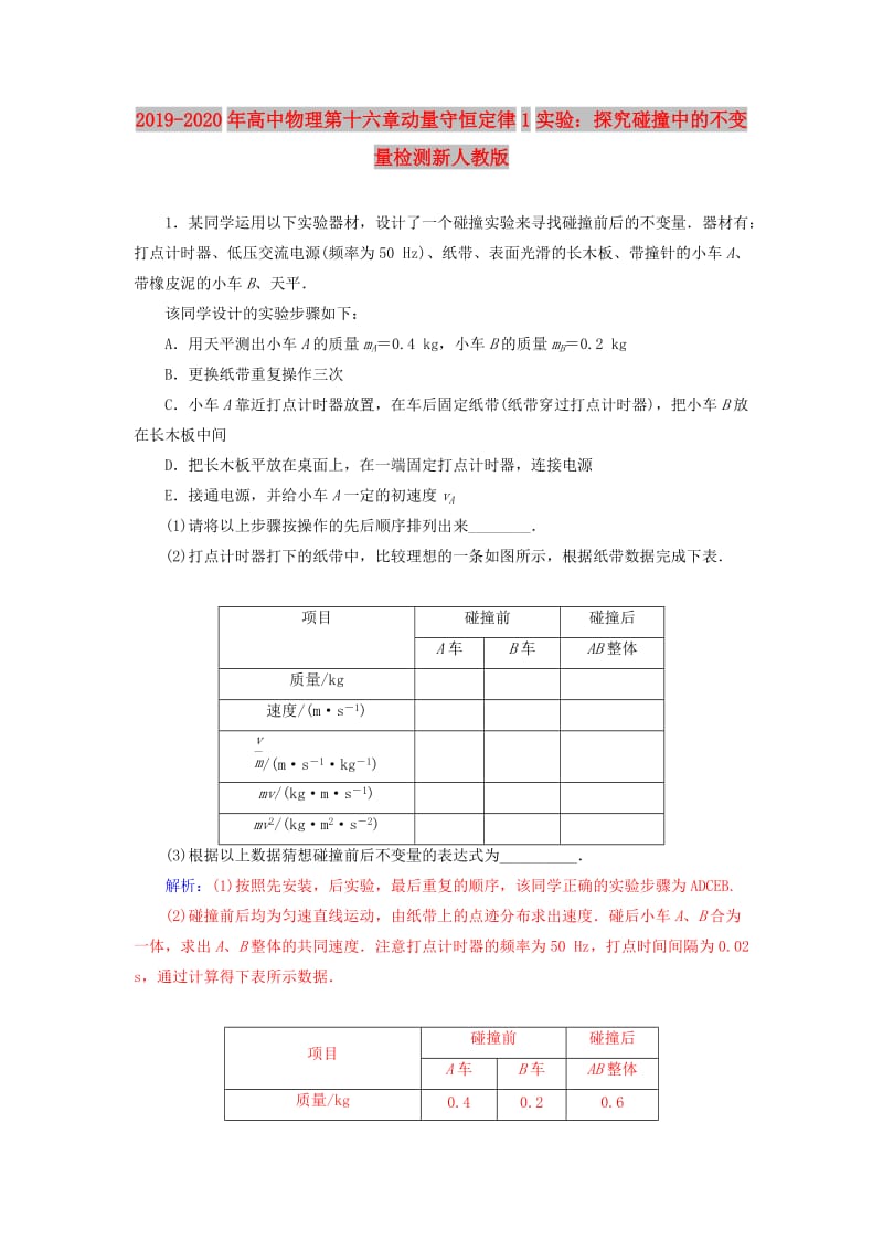 2019-2020年高中物理第十六章动量守恒定律1实验：探究碰撞中的不变量检测新人教版.doc_第1页