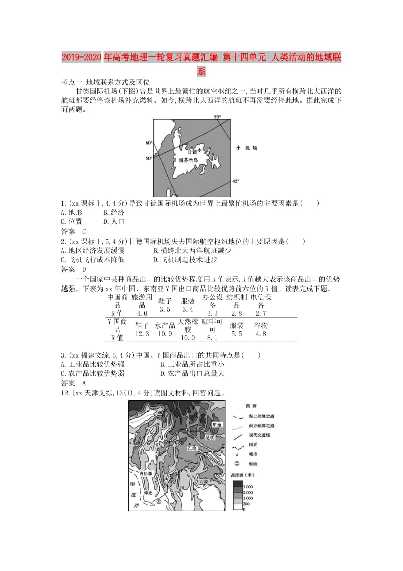 2019-2020年高考地理一轮复习真题汇编 第十四单元 人类活动的地域联系.doc_第1页