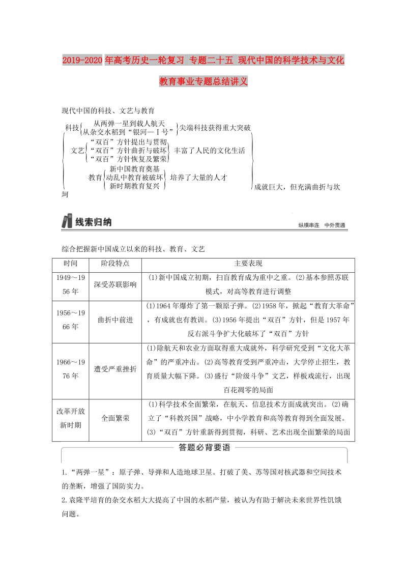 2019-2020年高考历史一轮复习 专题二十五 现代中国的科学技术与文化教育事业专题总结讲义.doc_第1页