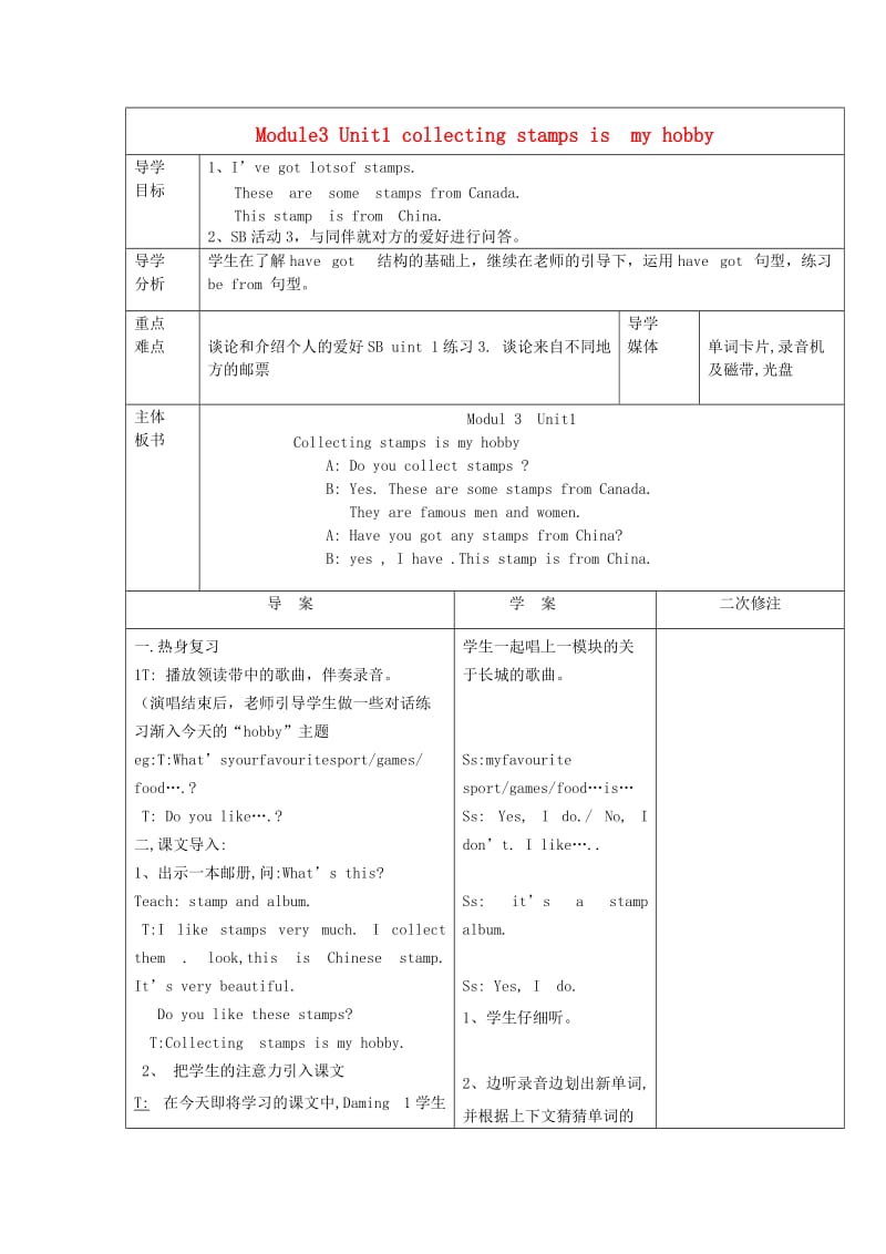 六年级英语上册Module3Unit1Collectingstampsismyhobby导学案外研版.doc_第1页