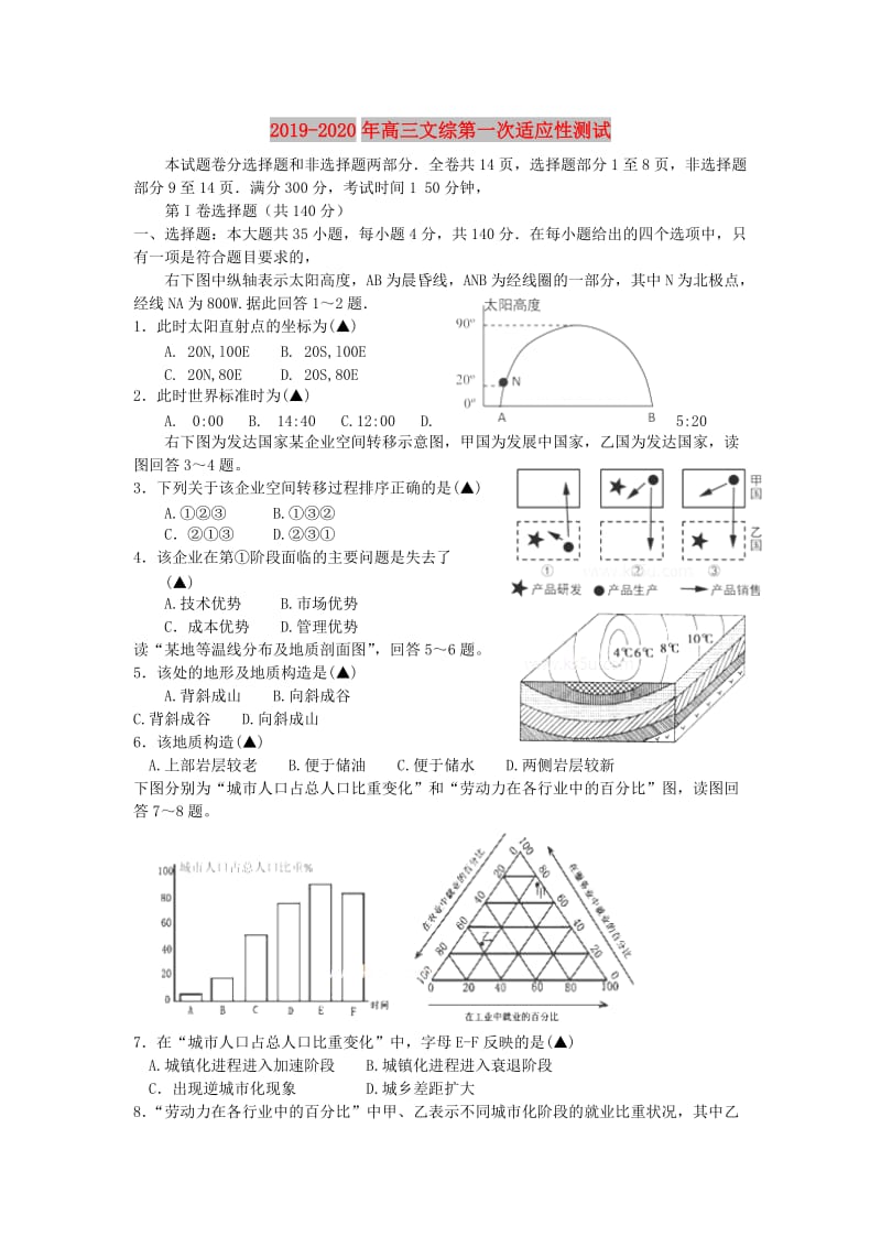 2019-2020年高三文综第一次适应性测试 .doc_第1页