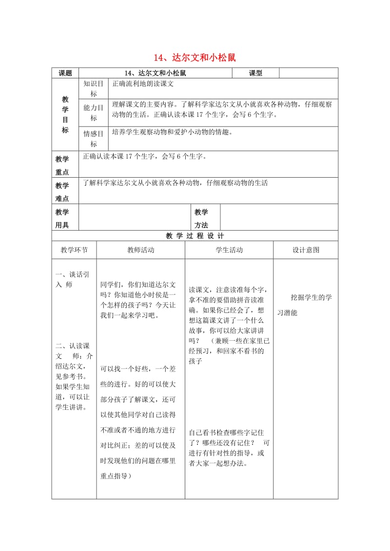 2019一年级语文下册 课文4 第14课《达尔文和小松鼠》教案1 语文S版.doc_第1页