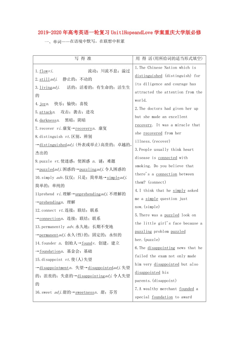 2019-2020年高考英语一轮复习Unit1HopeandLove学案重庆大学版必修.doc_第1页