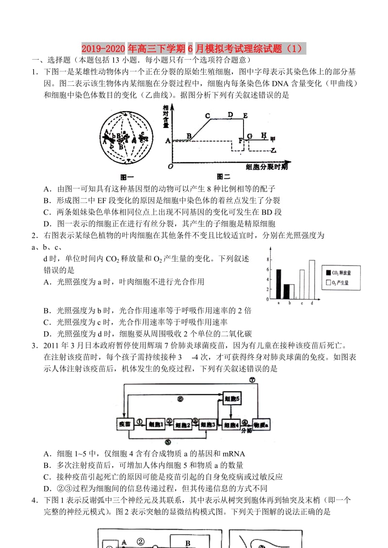 2019-2020年高三下学期6月模拟考试理综试题（1）.doc_第1页