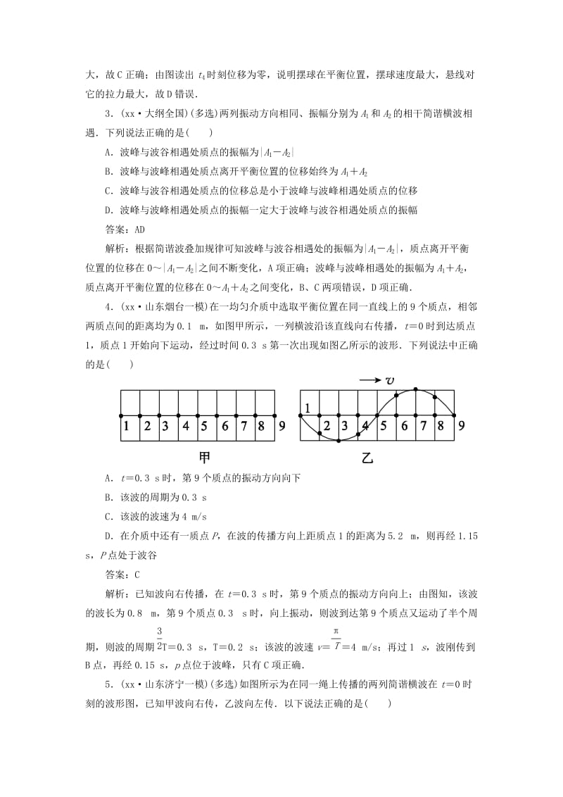 2019年高考物理二轮复习 机械振动、机械波、光及光的波动性提能专训.doc_第2页