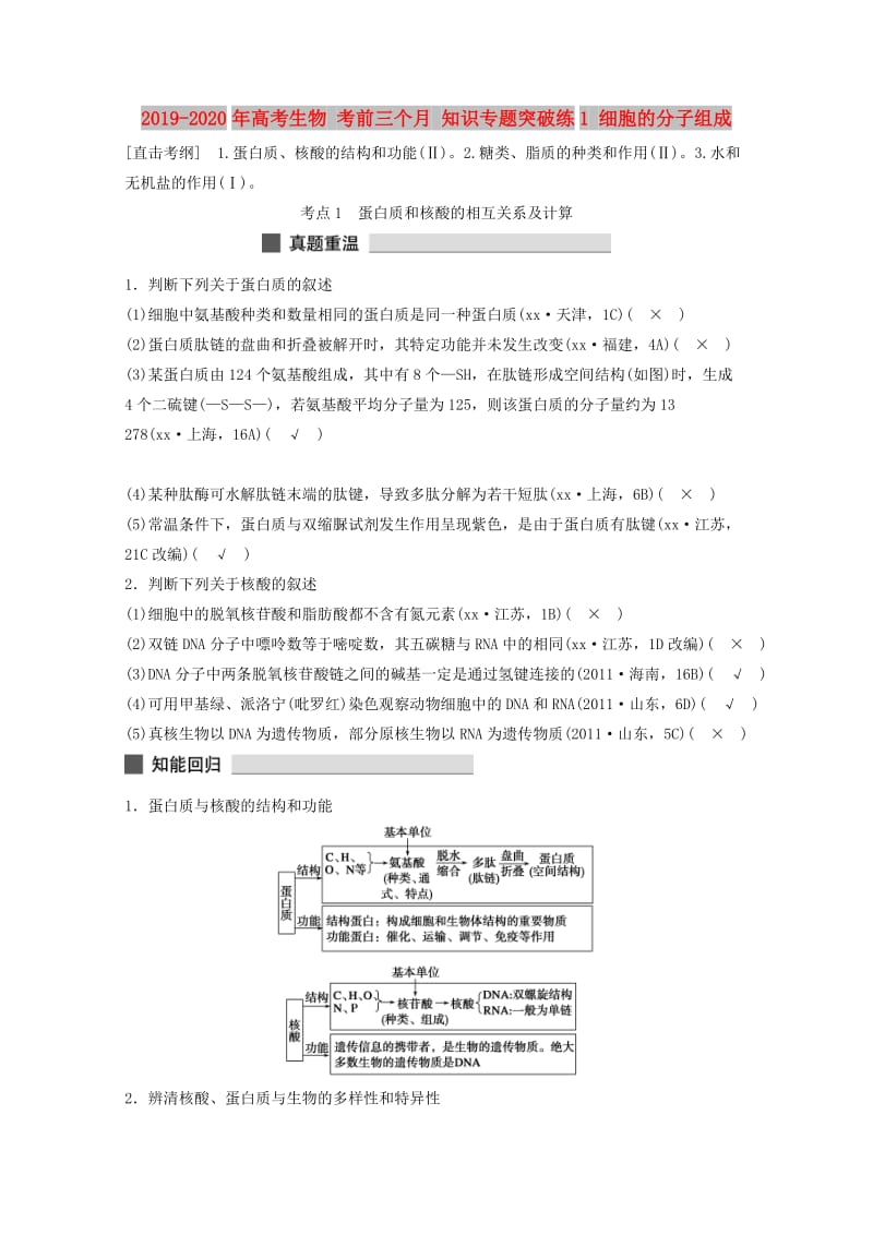 2019-2020年高考生物 考前三个月 知识专题突破练1 细胞的分子组成.doc_第1页