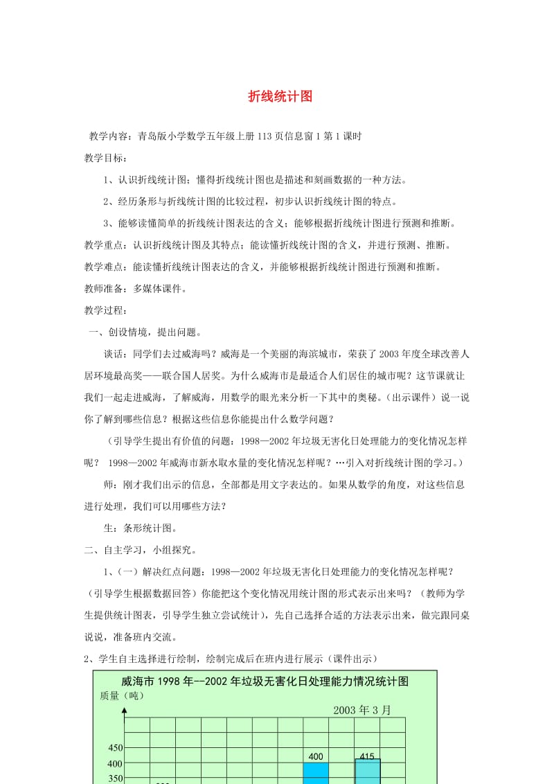 五年级数学上册 第七单元 绿色家园 折线统计图教案 青岛版.doc_第1页