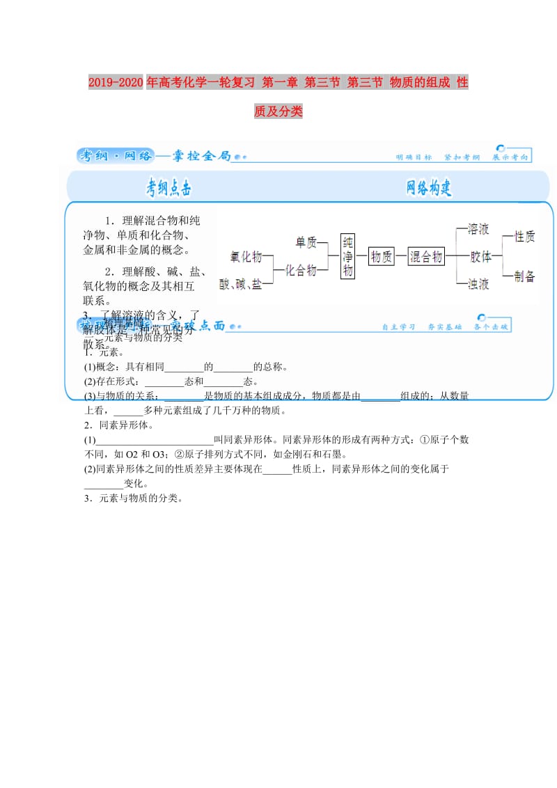 2019-2020年高考化学一轮复习 第一章 第三节 第三节 物质的组成 性质及分类.doc_第1页