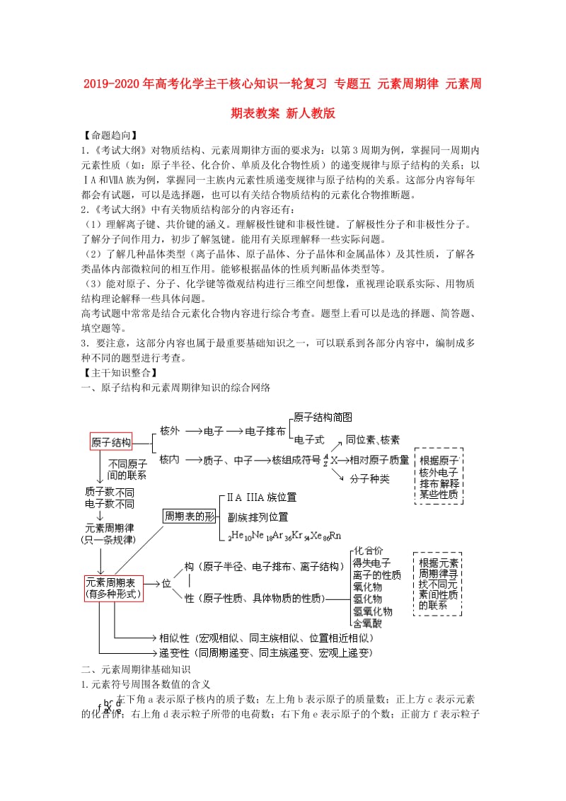 2019-2020年高考化学主干核心知识一轮复习 专题五 元素周期律 元素周期表教案 新人教版.doc_第1页