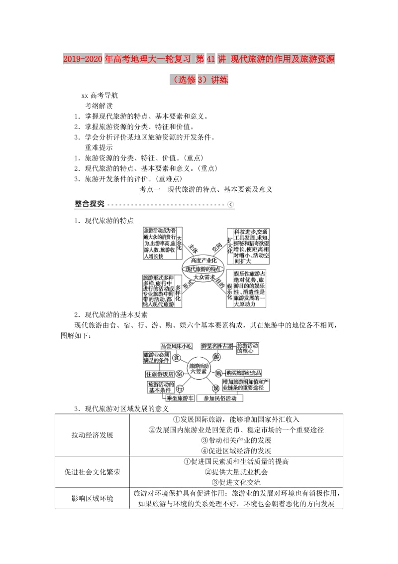 2019-2020年高考地理大一轮复习 第41讲 现代旅游的作用及旅游资源（选修3）讲练.doc_第1页