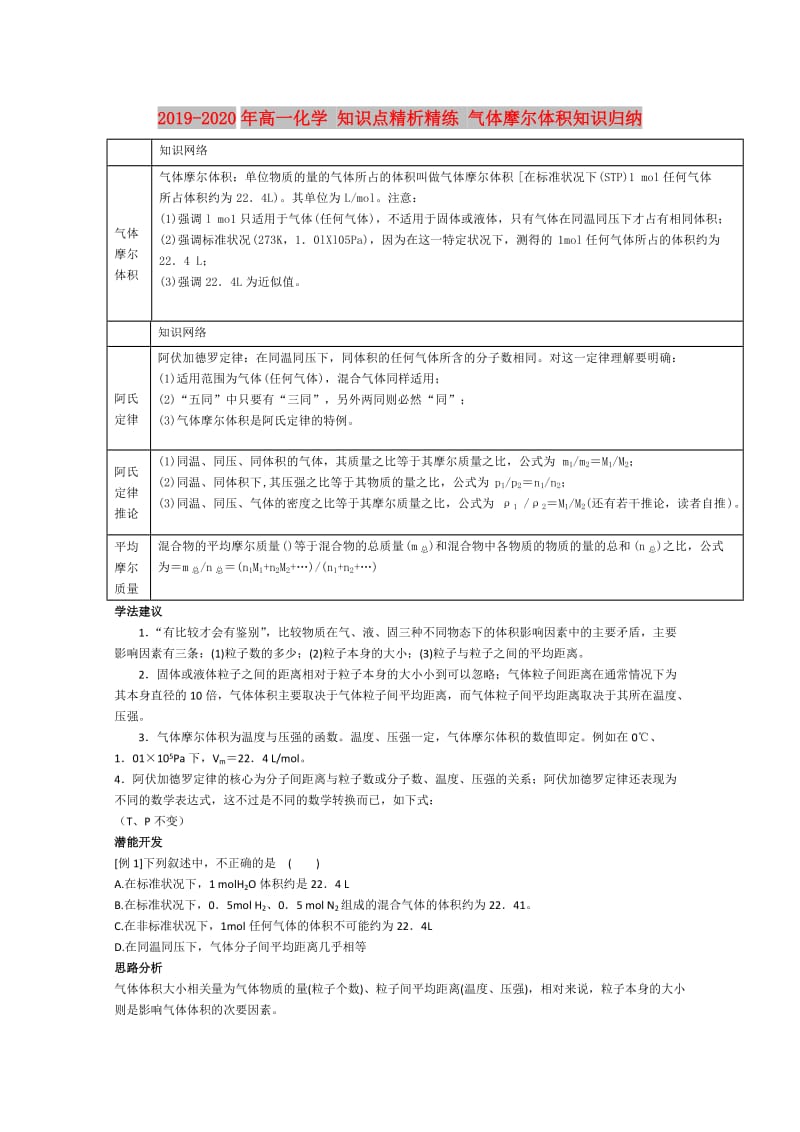 2019-2020年高一化学 知识点精析精练 气体摩尔体积知识归纳.doc_第1页