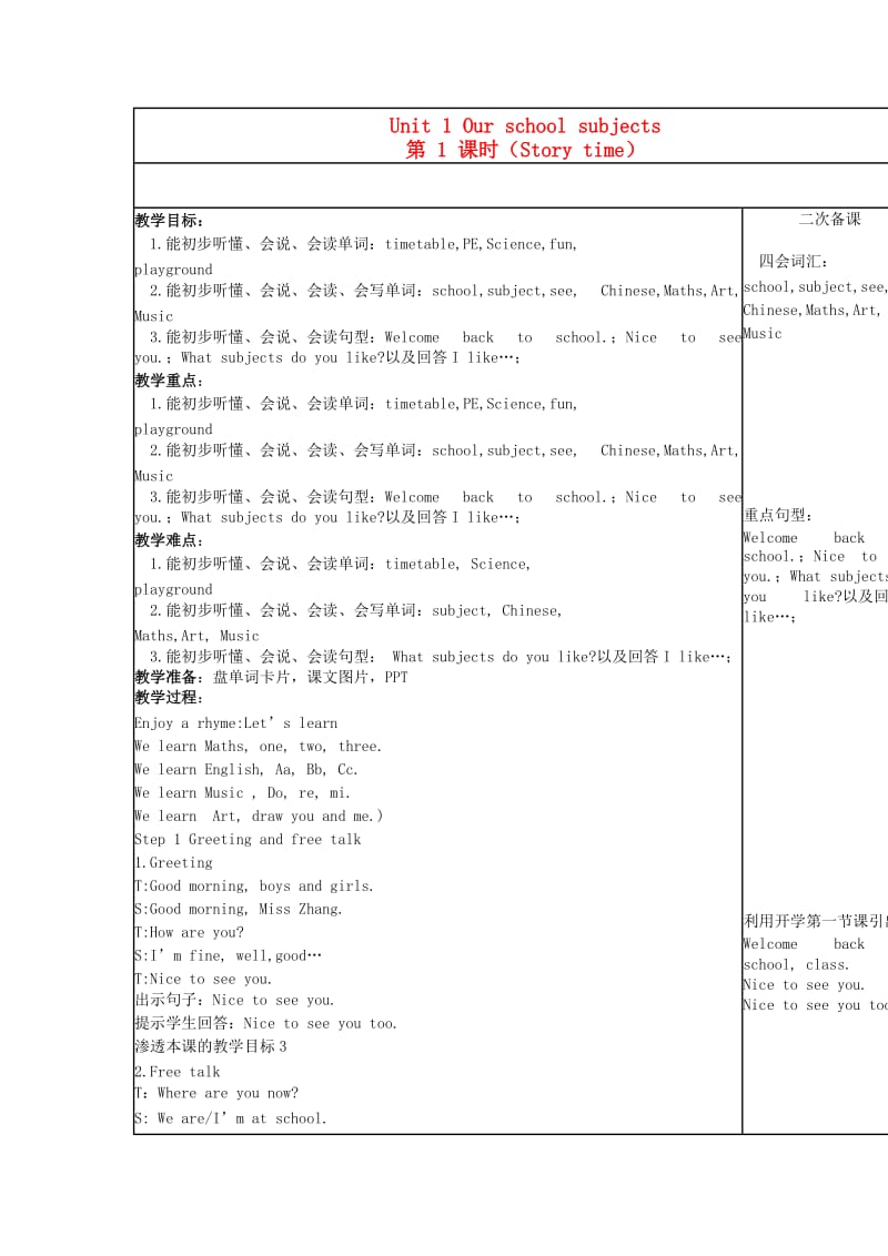 四年级英语上册 Unit 6 What Subjects Do They Have This Morning教案 陕旅版.doc_第1页