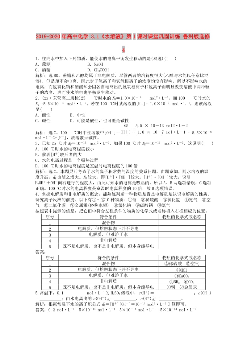 2019-2020年高中化学 3.1《水溶液》第1课时课堂巩固训练 鲁科版选修4.doc_第1页