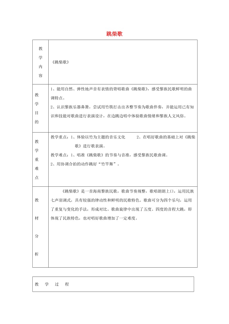 2019秋四年级音乐上册 第一单元《跳柴歌》教案 苏少版.doc_第1页