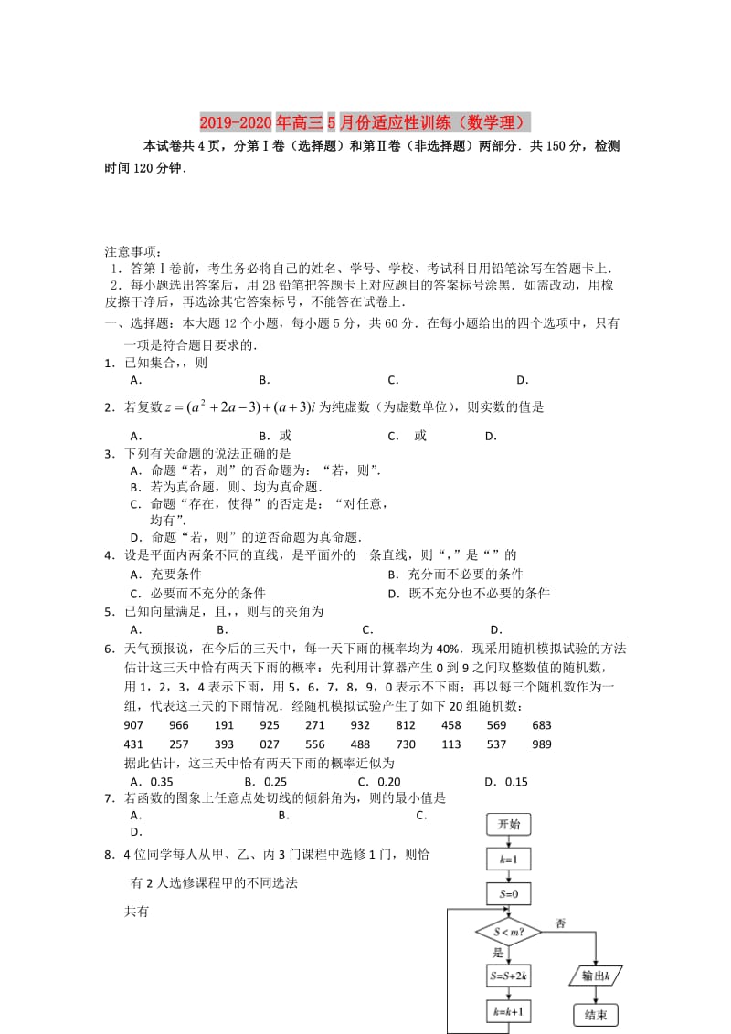 2019-2020年高三5月份适应性训练（数学理）.doc_第1页