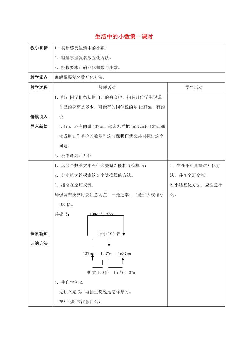 2019春四年级数学下册 5《生活中的小数》教案1 （新版）西师大版.doc_第1页