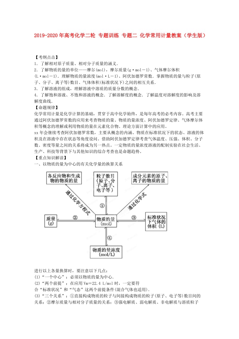 2019-2020年高考化学二轮 专题训练 专题二 化学常用计量教案（学生版）.doc_第1页