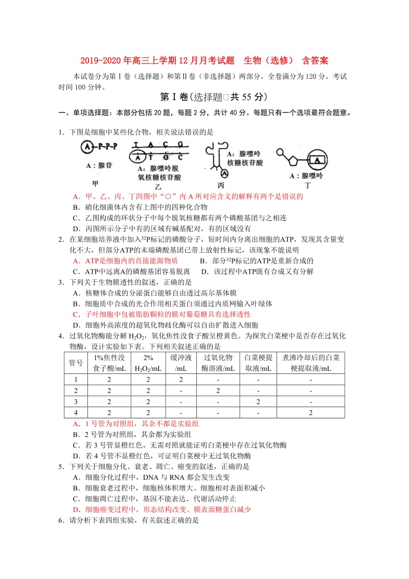 2019-2020年高三上学期12月月考试题 生物（选修） 含答案.doc_第1页