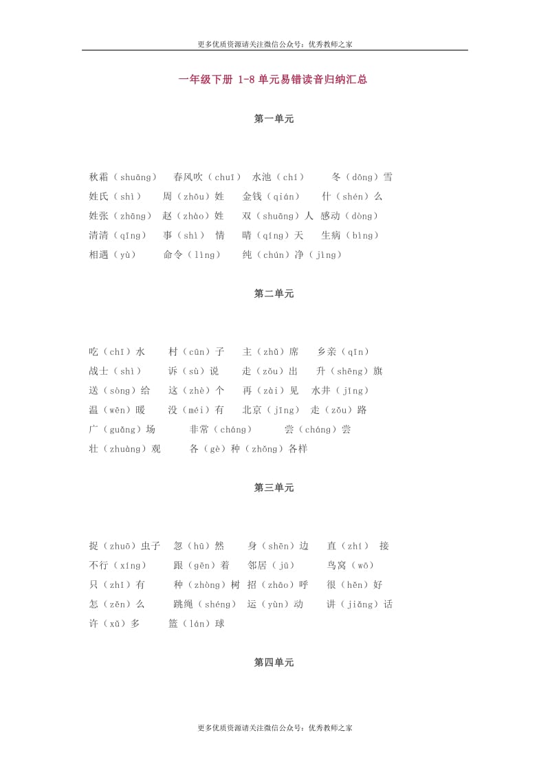 一年级下册1-8单元易错读音归纳汇总_第1页