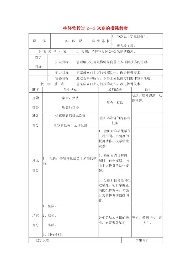 四年级体育下册 持轻物投过2—3米高的横绳教案.doc_第1页