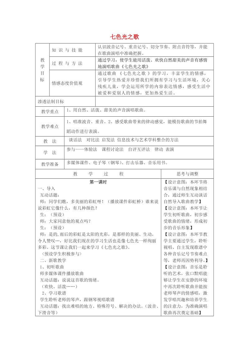 2019秋六年级音乐上册 第八单元《七色光之歌》教案 苏少版.doc_第1页