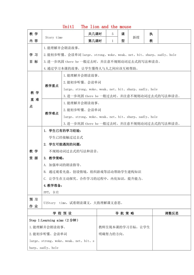 六年级英语下册 Unit 1《The lion and the mouse》教案 （新版）牛津译林版.doc_第1页