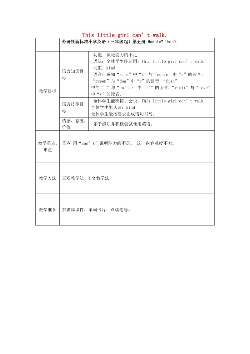 五年级英语上册 Module 7 Unit 2 This little girl can’t walk教案 外研版.doc_第1页