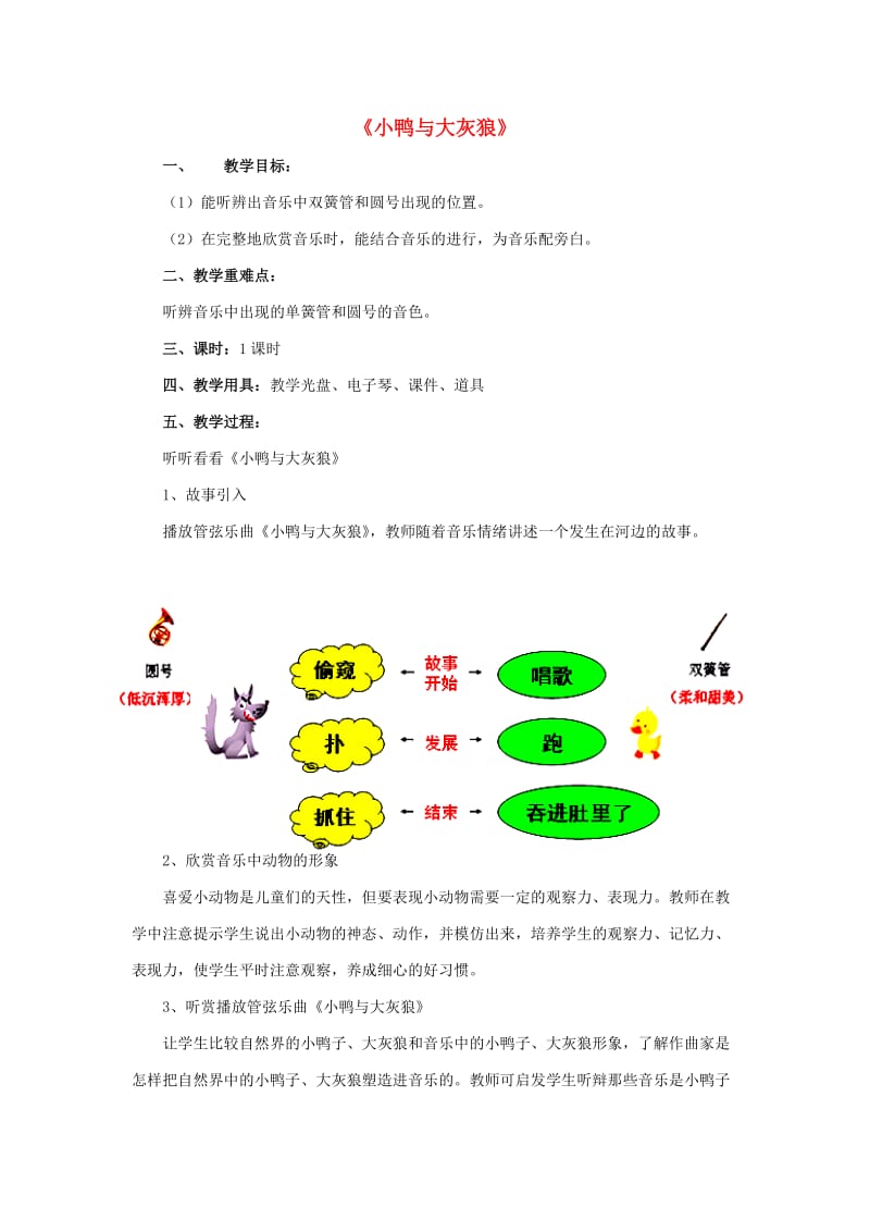 2019春一年级音乐下册 第8课《小鸭和大灰狼》教案1 花城版.doc_第1页