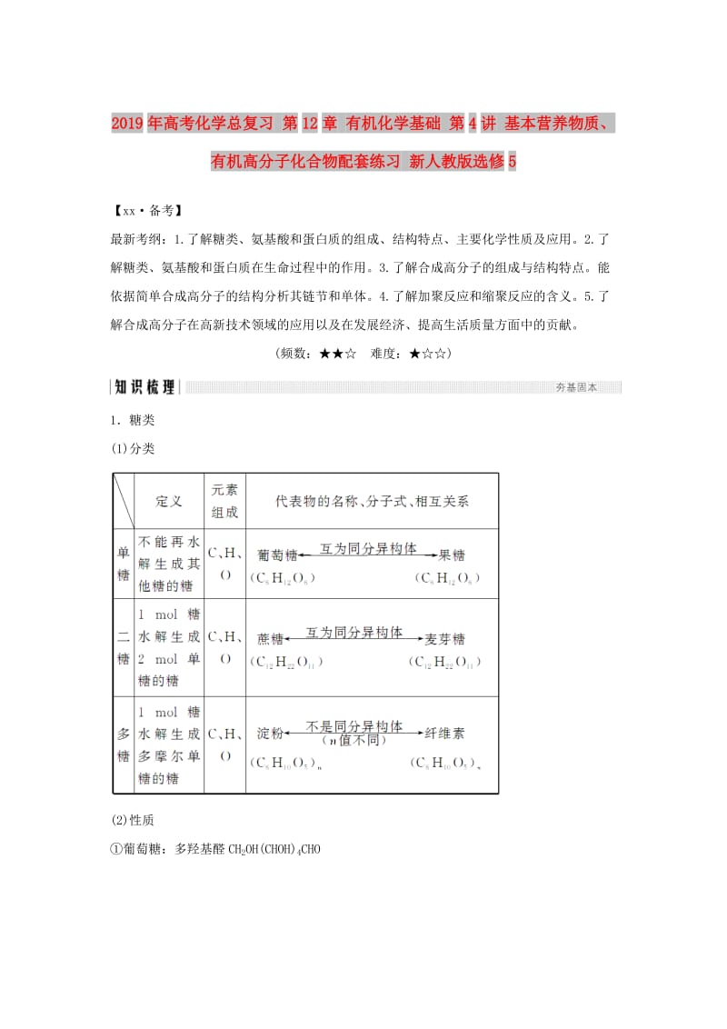 2019年高考化学总复习 第12章 有机化学基础 第4讲 基本营养物质、有机高分子化合物配套练习 新人教版选修5.doc_第1页