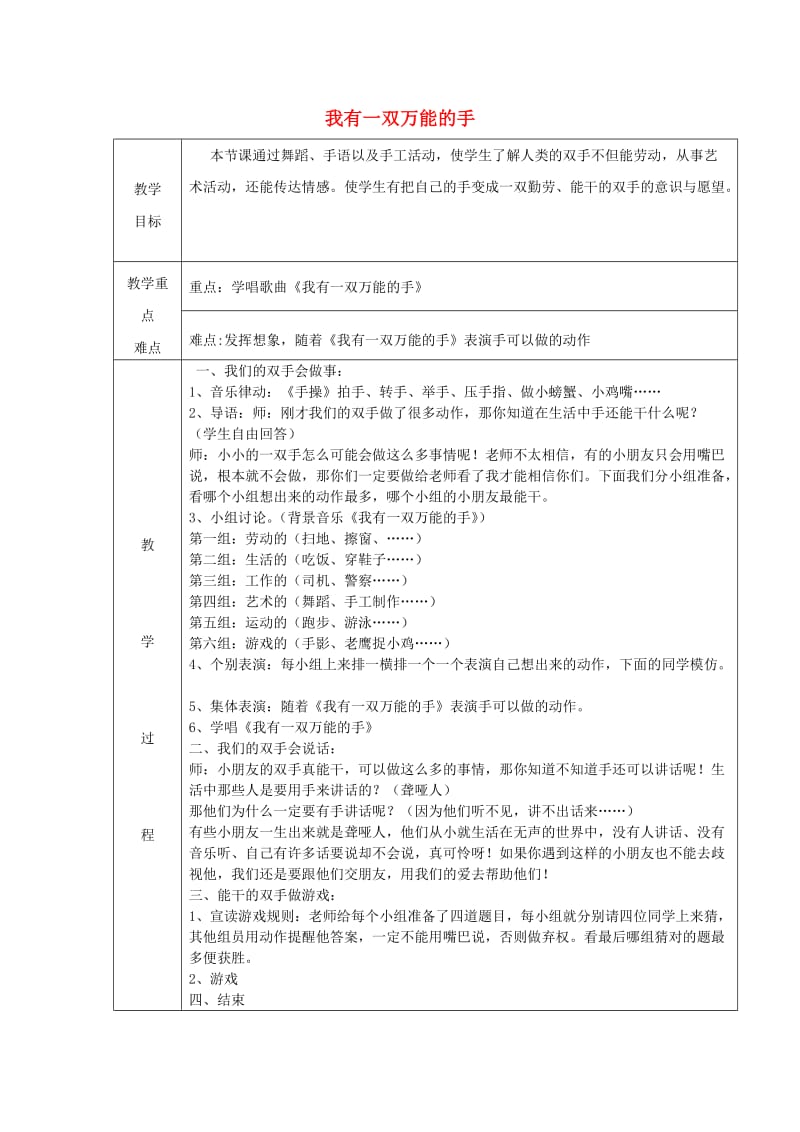 2019春一年级音乐下册 第四单元《我有一双万能的手》教案 苏少版.doc_第1页