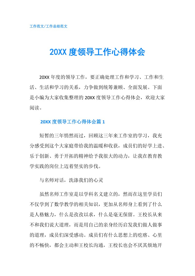 20XX度领导工作心得体会.doc_第1页