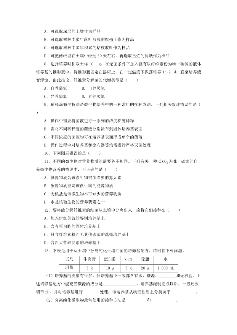 2019-2020年高中生物第一章微生物培养技术第二节培养基对微生物的选择作用自我小测中图版.doc_第2页