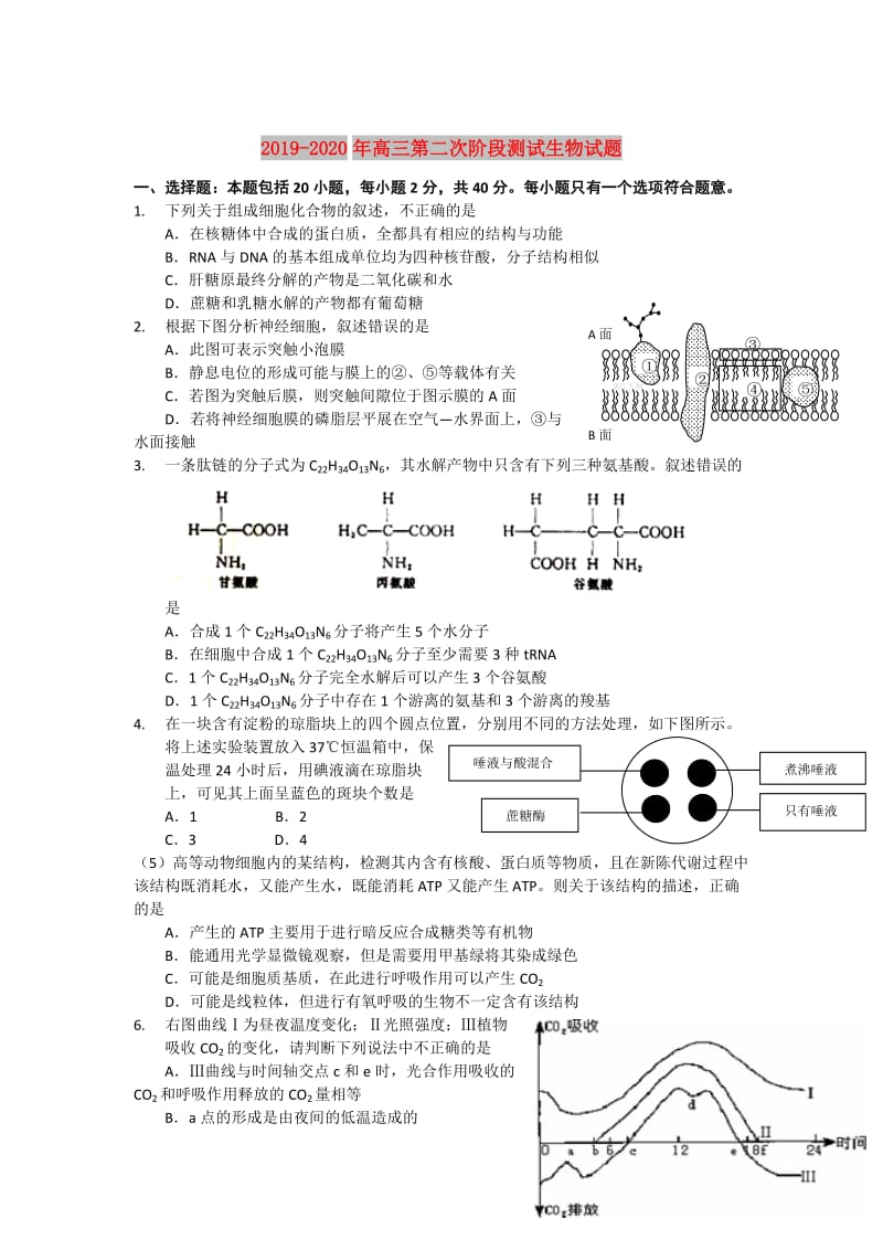 2019-2020年高三第二次阶段测试生物试题.doc_第1页