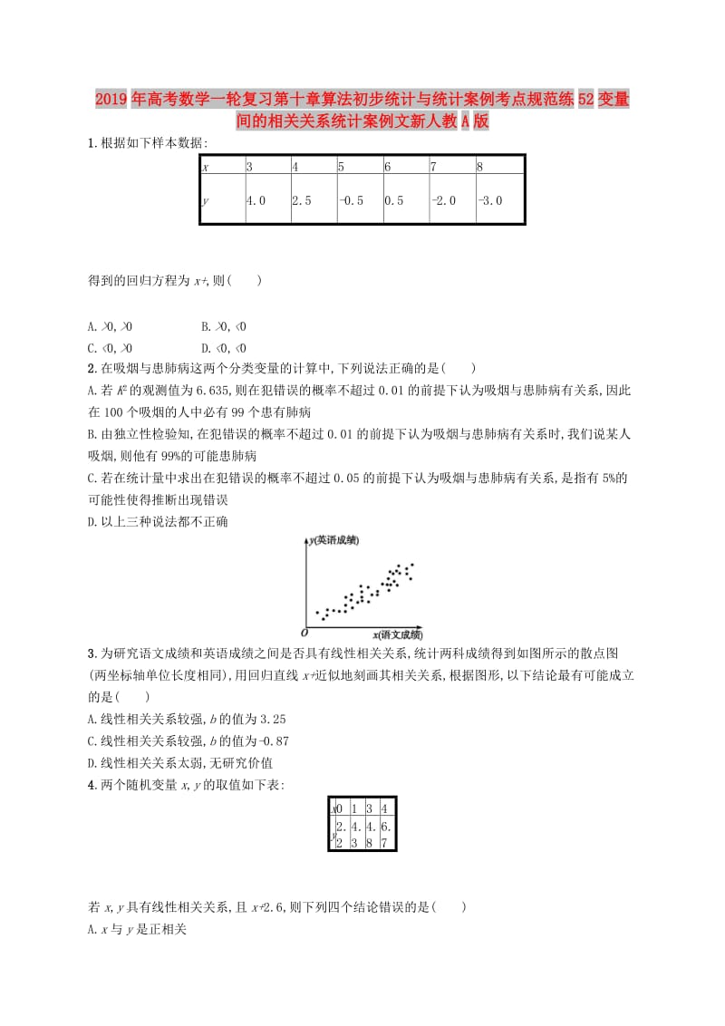 2019年高考数学一轮复习第十章算法初步统计与统计案例考点规范练52变量间的相关关系统计案例文新人教A版.doc_第1页