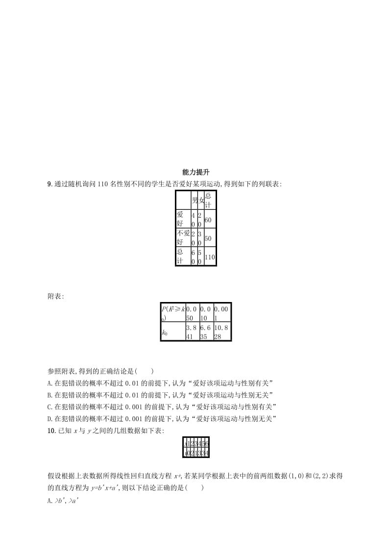 2019年高考数学一轮复习第十章算法初步统计与统计案例考点规范练52变量间的相关关系统计案例文新人教A版.doc_第3页