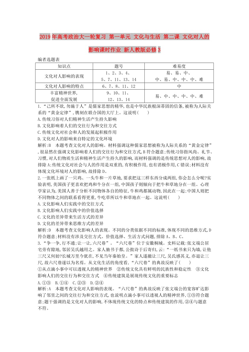 2019年高考政治大一轮复习 第一单元 文化与生活 第二课 文化对人的影响课时作业 新人教版必修3.doc_第1页