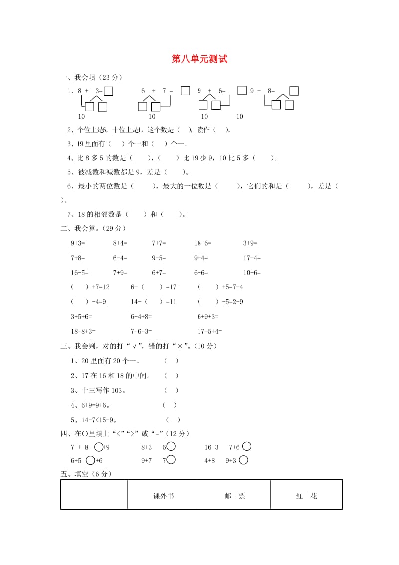 2019秋一年级数学上册 第八单元 20以内的进位加法单元试卷1新人教版.doc_第1页