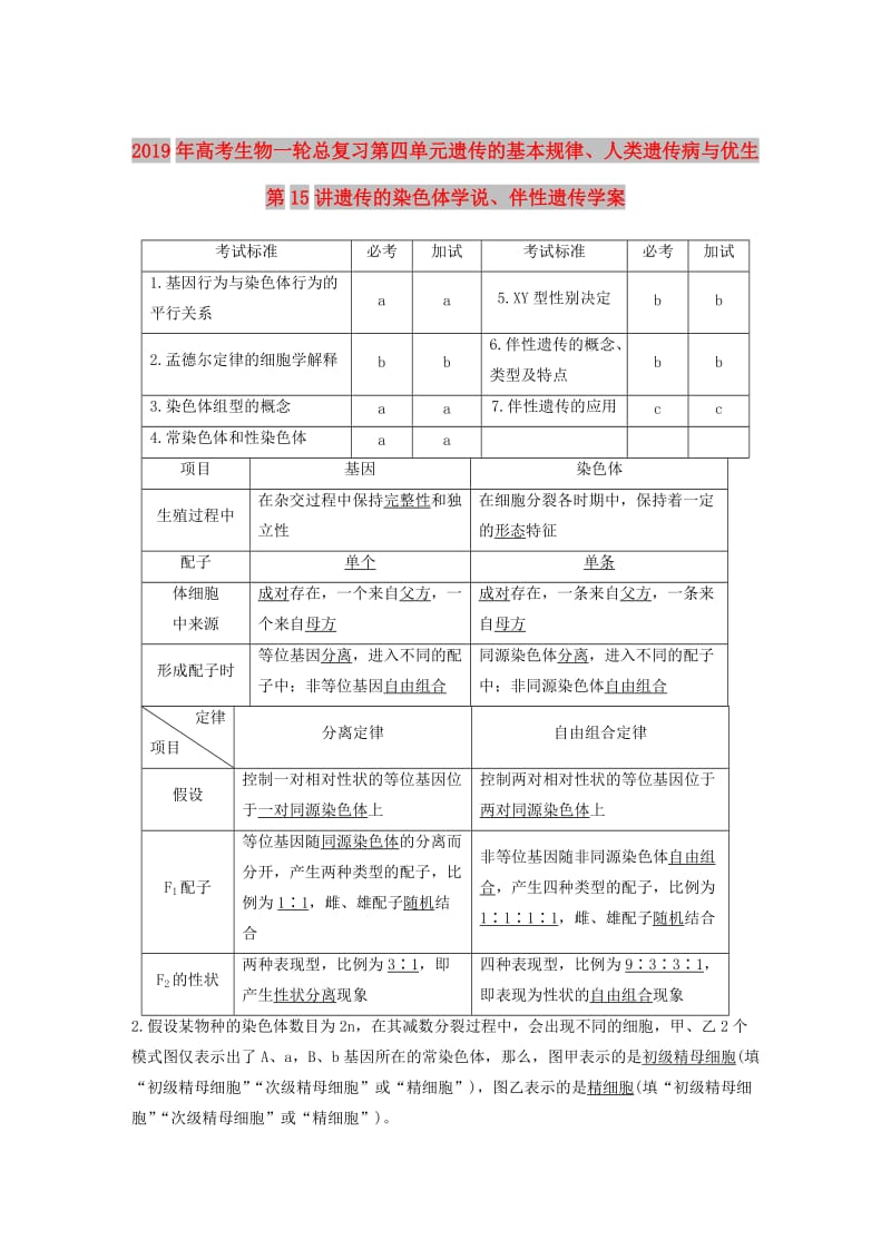 2019年高考生物一轮总复习第四单元遗传的基本规律、人类遗传病与优生第15讲遗传的染色体学说、伴性遗传学案.doc_第1页