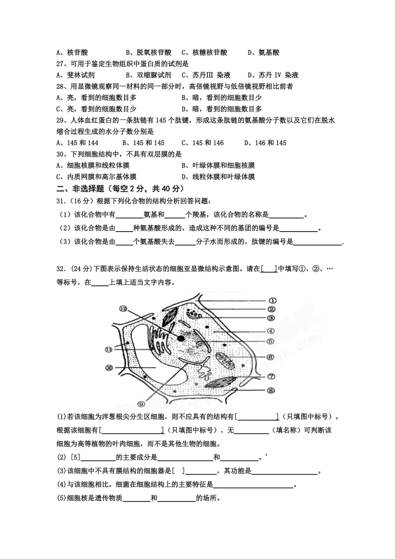 2019-2020年高一上学期期中考试生物(II).doc_第3页